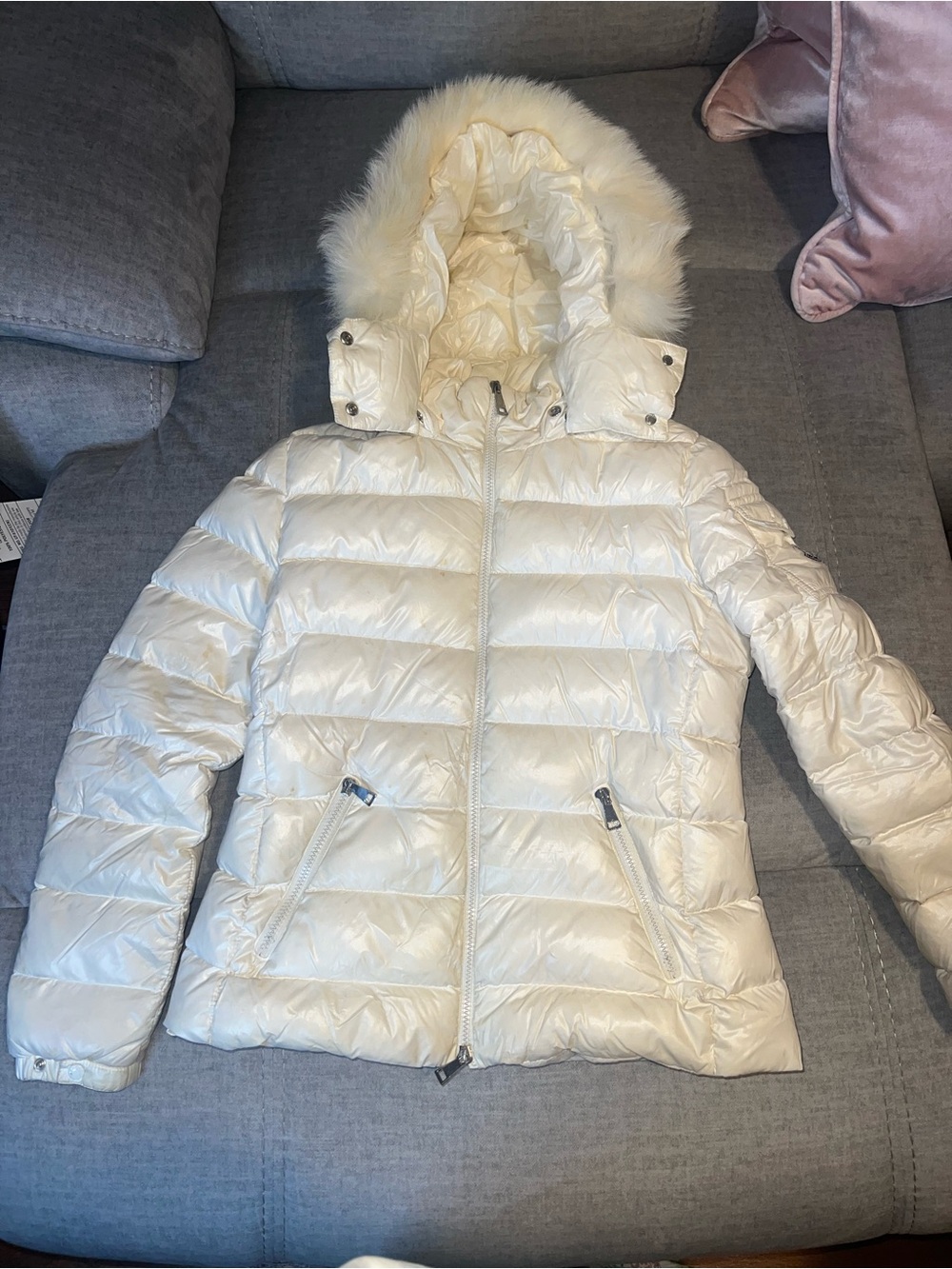 Moncler Women's Cream White Quilted Down Puffer with Faux Fur Hood